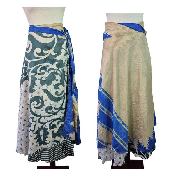 Darn Good Yarn Sari Silk Blue Gold Green Reversible Wrap Around Long Skirt 4 12 - Picture 1 of 4